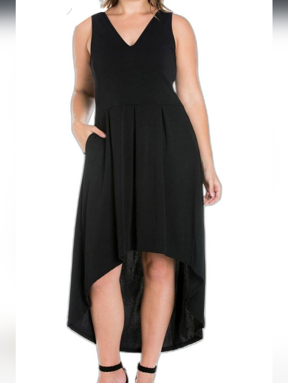 Black V‑Neck High‑Low Midi Dress